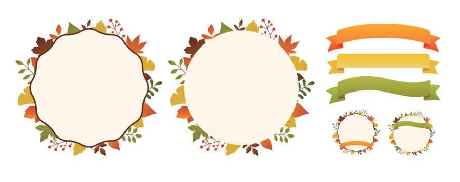 秋の葉のイラストフレームセット　リボン　紅葉　モミジ　イチョウ　葉っぱ　あしらい　飾り　装飾　枠