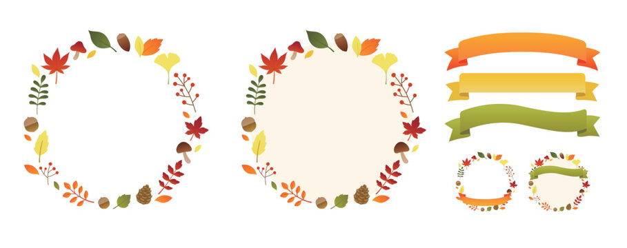 秋の葉のイラストフレームセット　リボン　紅葉　モミジ　イチョウ　葉っぱ　あしらい　飾り　装飾　枠