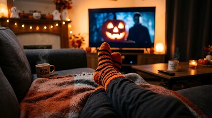 Plakat Cozy Halloween night at home with feet under a warm blanket, watching a horror movie on TV with pumpkin decor