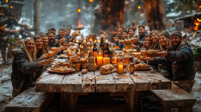 Winter Feast: Friends and Family Celebrate Together Outdoors with Food, Drinks, and Warm Lights