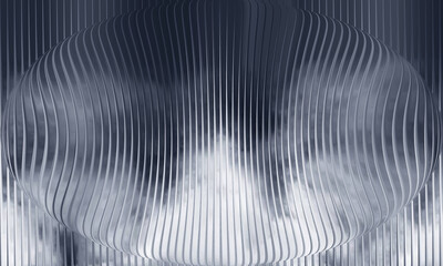 Abstract futuristic 3D ellipsoid oval form with vertical fluted ribbed metallic texture and smoky background © muradpixels