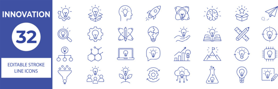 32 Innovation Vector Outline Icons Set,Creativity, Ideas, Technology, Research and Business Innovation Line Symbols Collection