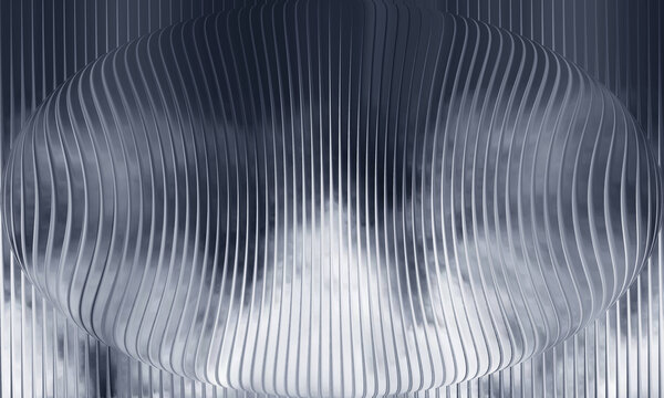 Abstract futuristic 3D ellipsoid oval form with vertical fluted ribbed metallic texture and smoky background