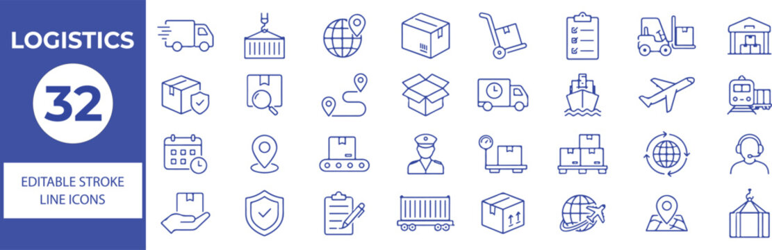 32 Logistics Vector Outline Icons Set,Shipping, Warehouse, Delivery, Transportation and Supply Chain Line Symbols Collection