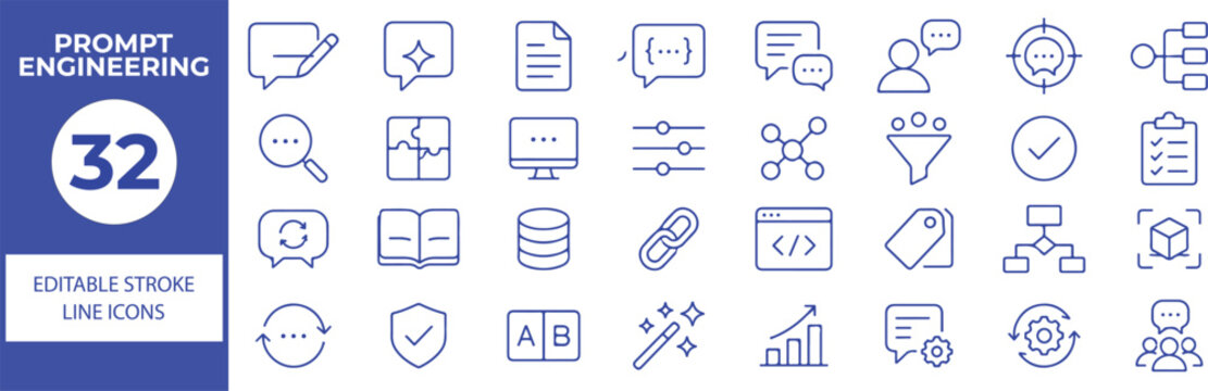 32 Prompt Engineering Vector Outline Icons Set,AI Prompts, Chatbot, Code, Optimization and Artificial Intelligence Line Symbols Collection