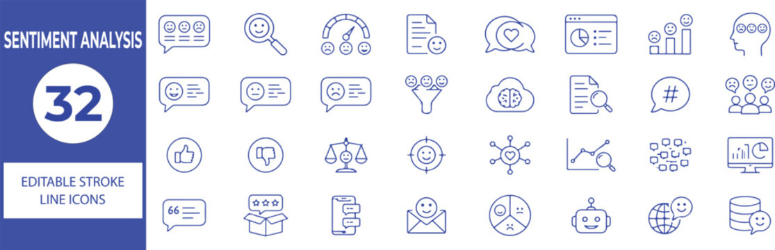32 Sentiment Analysis Vector Outline Icons Set,Emotion Detection, Customer Feedback, Opinion Mining and AI Analytics Line Symbols Collection