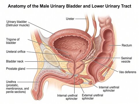 Medical illustration of the human urinary bladder, showing the bladder, ureters, urethra, and surrounding anatomical structures.