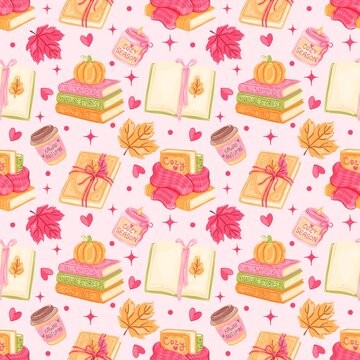 Cozy Bookish Autumn Seamless Pattern with Books, Pumpkin, Scarf and Coffee