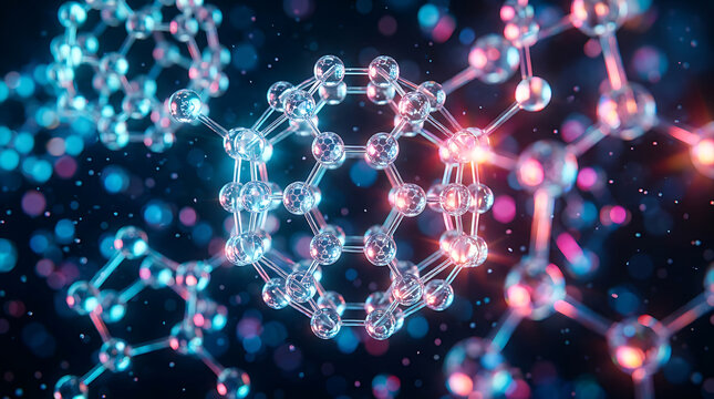 Buckyball structures display complex geometric patterns of carbon atoms interconnected within a vibrant microscopic environment showcasing scientific breakthroughs in advanced nanotechnology