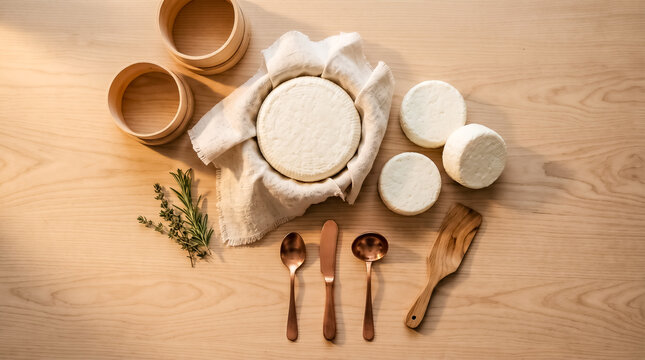 Fresh homemade white cheese heads with wooden bowls and spoons on table