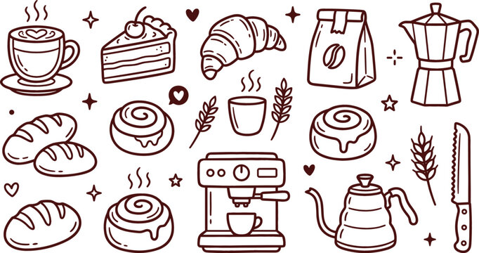 Bakery and Coffee Doodle Set Featuring Coffee Machine Moka Pot Cinnamon Rolls Croissant Bread and Cake Pastry Symbols Bakery and Coffee Doodle Set 