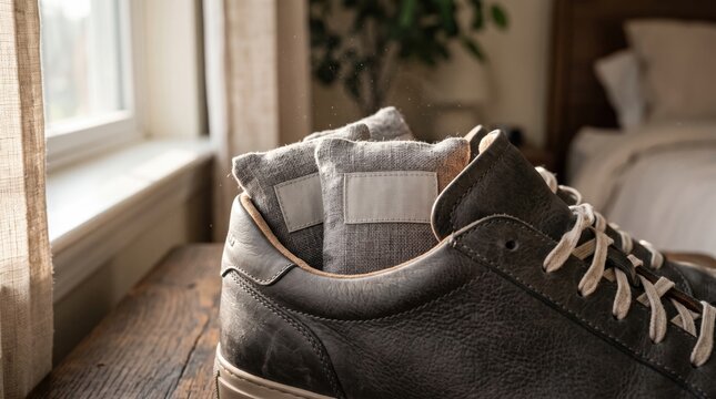 Deodorizing charcoal bags inside a leather sneaker for effective foot care and odor control.
