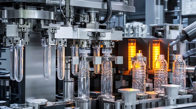 Automated pet blow molding machine shaping clear preforms into plastic water bottles in modern factory for industrial manufacturing concept