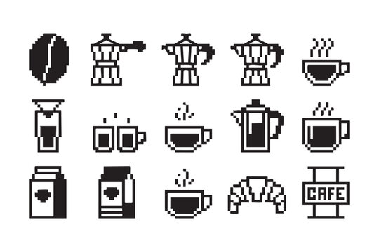 Retro 8 Bit Beverage Symbols With Coffee Cups Mugs Pots And Hot Drink Graphics