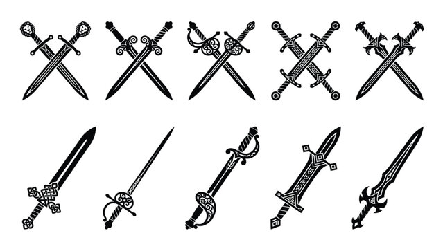 Set of ten vintage crossed swords and single swords, medieval and renaissance weapon collection, black silhouette.