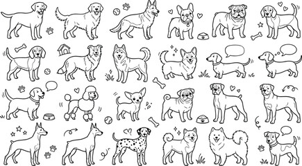 Fototapeta premium Cute Dog Breeds Line Icon Pack Featuring Retriever German Shepherd Corgi French Bulldog Pug Husky and Domestic Puppy Mascot Symbols Cute Dog Breeds Line Icon set