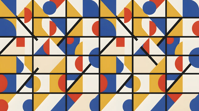 Bauhaus geometric seamless vector pattern with primary color grid, circles, and triangles for modern surface design.