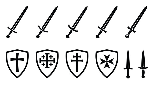 Set of medieval swords and crusader shields, black and white vector icons.