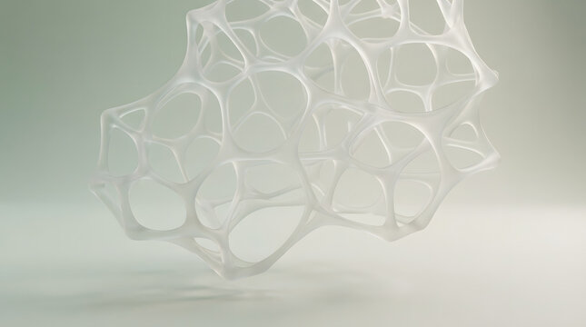 Abstract 3D rendering of a translucent Voronoi bio-mesh structure floating over a soft sage green and cream gradient background.