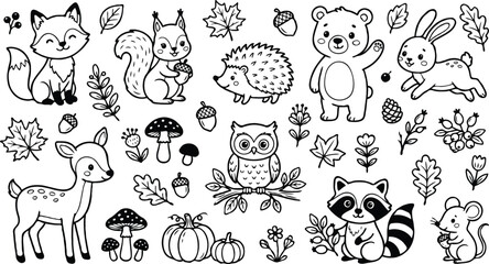 Obraz premium Cute forest animals and nature elements line art illustration