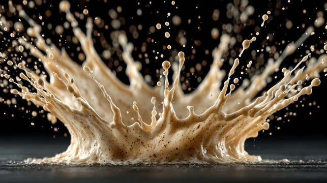Brown mocha drink splashing on a dark surface, creating an impactful liquid crown and flying droplets