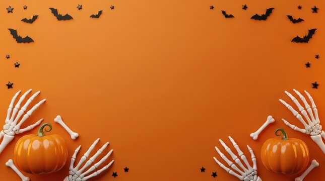 Halloween frame composition on orange background with skeleton hands pumpkins and bats providing ample central copy space for promotional text.