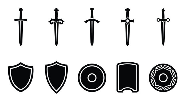 Various types of swords and shields black icons for design.