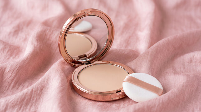 Elegant rose gold face powder compact with mirror and puff on pink textile