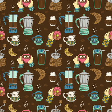Coffee making utensils hand drawn seamless pattern. Hot morning beverage line art wallpaper