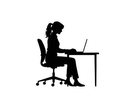 Silhouette of businesswoman sitting at desk working on laptop on white background.
