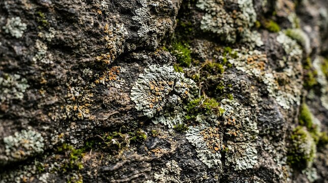 Macro Texture Of Dark Weathered Rock Surface With Light Crustose Lichens Gritty Mineral Deposits And Deep Mossy Patches rock texture macro lichens dark weathered surface crustose organic stone moss