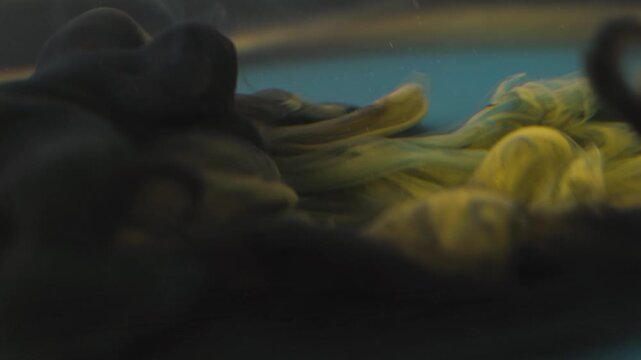 Shooting paint underwater creates ink clouds in blue water with yellow