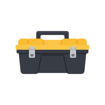 Simple flat vector illustration of a yellow and dark gray toolbox with a sturdy handle, metal latches