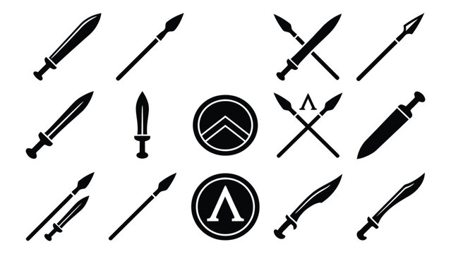 Ancient spartan warrior weapon and shield icons set, greek historical military equipment collection