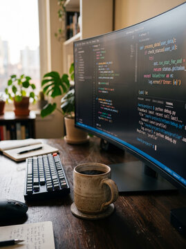 Computer monitor displaying lines of code on office desk near window daylight setup