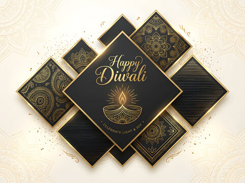 Happy Diwali greeting card with golden diya lamp and luxury black geometric pattern design