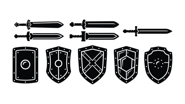 Medieval sword silhouettes and battle shield icons for heraldic designs.