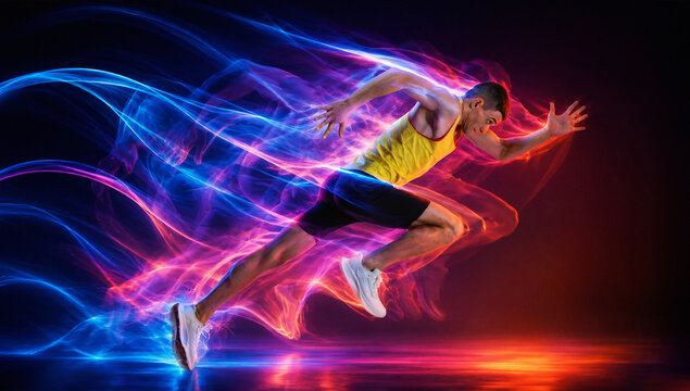 Male sprinter launches forward through vivid red and blue energy trails on dark background. Concept of sportswear ads, speed training and performance technology.