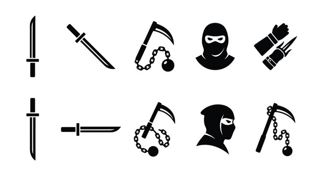 Ninja weapons and characters set with katanas, scythes, and masked figures