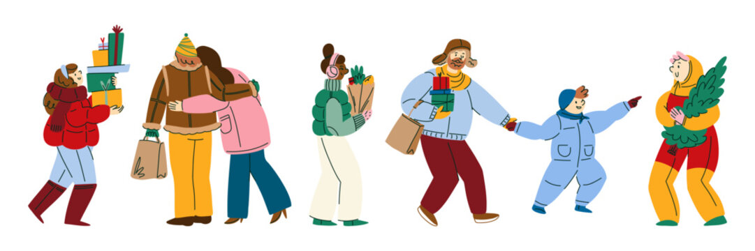 Happy Winter People Walking Together with Christmas Gifts, Shopping Bags and Holiday Purchases, Cozy Urban Lifestyle Illustration for Seasonal Marketing, Community, Retail and Editorial Design