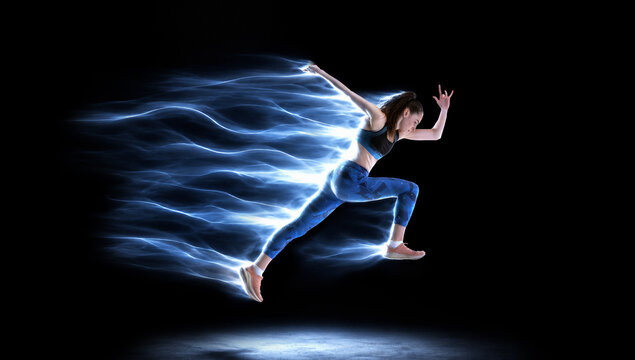 Athlete leaps forward with sweeping white and blue energy wings on black background. Concept of fitness branding, motivation content and movement design.