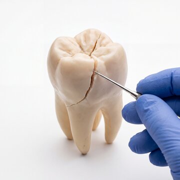 Dentist examining a cracked tooth model with a dental probe tool