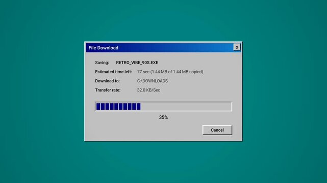 vintage 90s operating system downloading window showing transfer speed and completion percentage