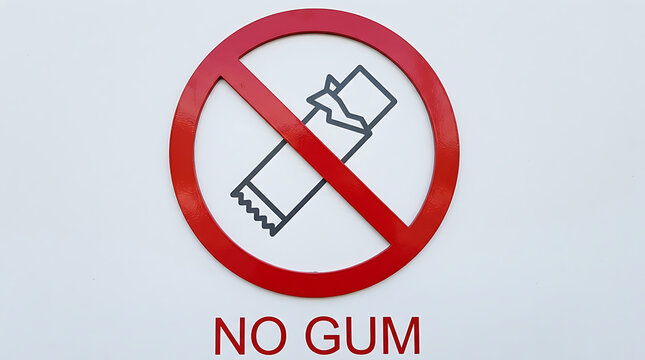 A circular red prohibition emblem displays a marked graphic indicating that chewing candy is strictly forbidden within this designated area to ensure proper hygiene and cleanliness for all