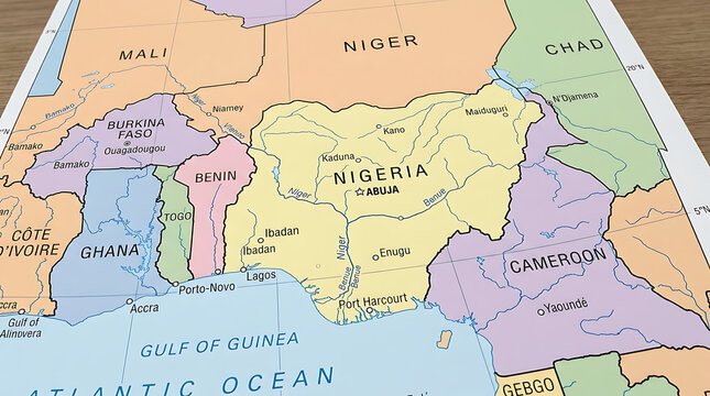 A printed paper map showing the geopolitical borders of Nigeria along with neighboring African nations like Ghana and Cameroon positioned on a wooden surface for geographical and educational