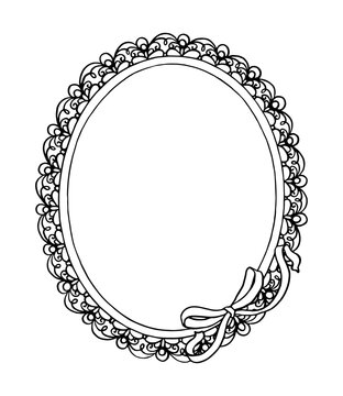 Doodle whimsy oval frame with cute bow, isolated illustration for stickers, cards, gifts, nursery, menu, photo cards, birthday invite or textile design. Cute vector hand drawn print.