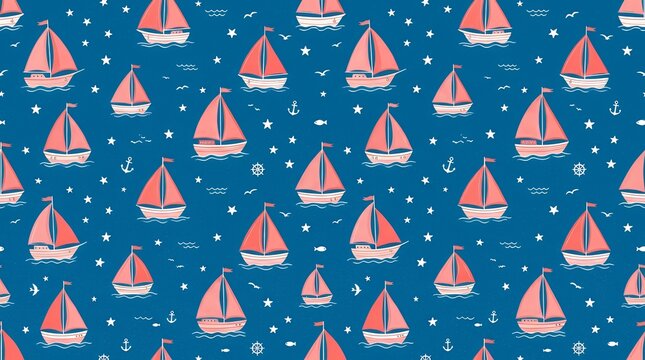 Sailing Nautical Adventure Seamless Pattern with Pink Sailboats and Stars on Blue Background sailing sailboat boat ship nautical marine ocean sea adventure pattern seamless background pink blue star