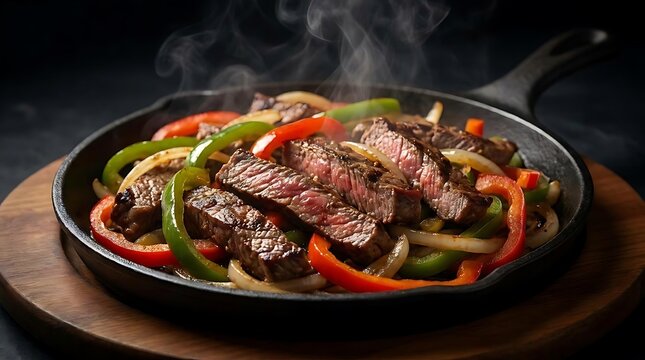 A steaming hot fajita platter featuring grilled steak slices with colorful bell peppers and onions serves as a delicious example of authentic comida mexicana