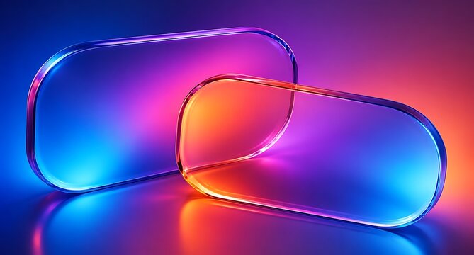 Two rounded rectangular glass panels reflecting vibrant neon blue and orange light in a dark abstract studio setting