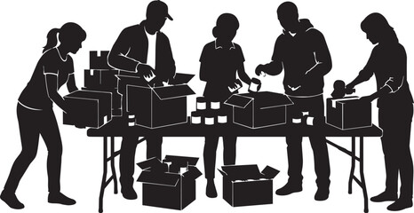 Fototapeta premium Silhouette of volunteers packing boxes, charity food drive donation teamwork, group preparing supplies for community, non-profit aid work outline